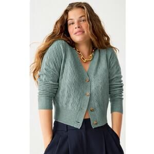 J Crew Cashmere shrunken cable-knit cardigan XS slate green Tennis Prep sweater